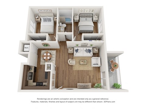 Floor plan for 2 beds, 1 bath, 950 sqft